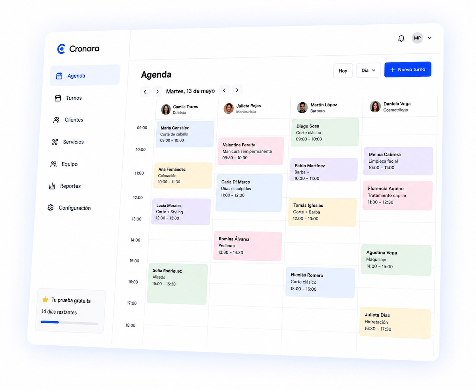 Vista del calendario y agenda de Cronara